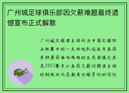 广州城足球俱乐部因欠薪难题最终遗憾宣布正式解散 广州城足球俱乐部因欠薪难题最终遗憾宣布正式解散